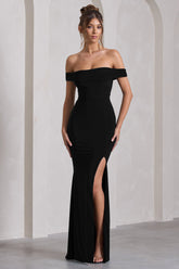 Black Bardot Draped Split Maxi Dress